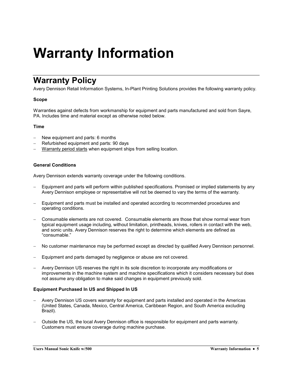 Warranty information, Warranty policy | Avery Dennison SNAP Sonic Knife User Manual | Page 5 / 53