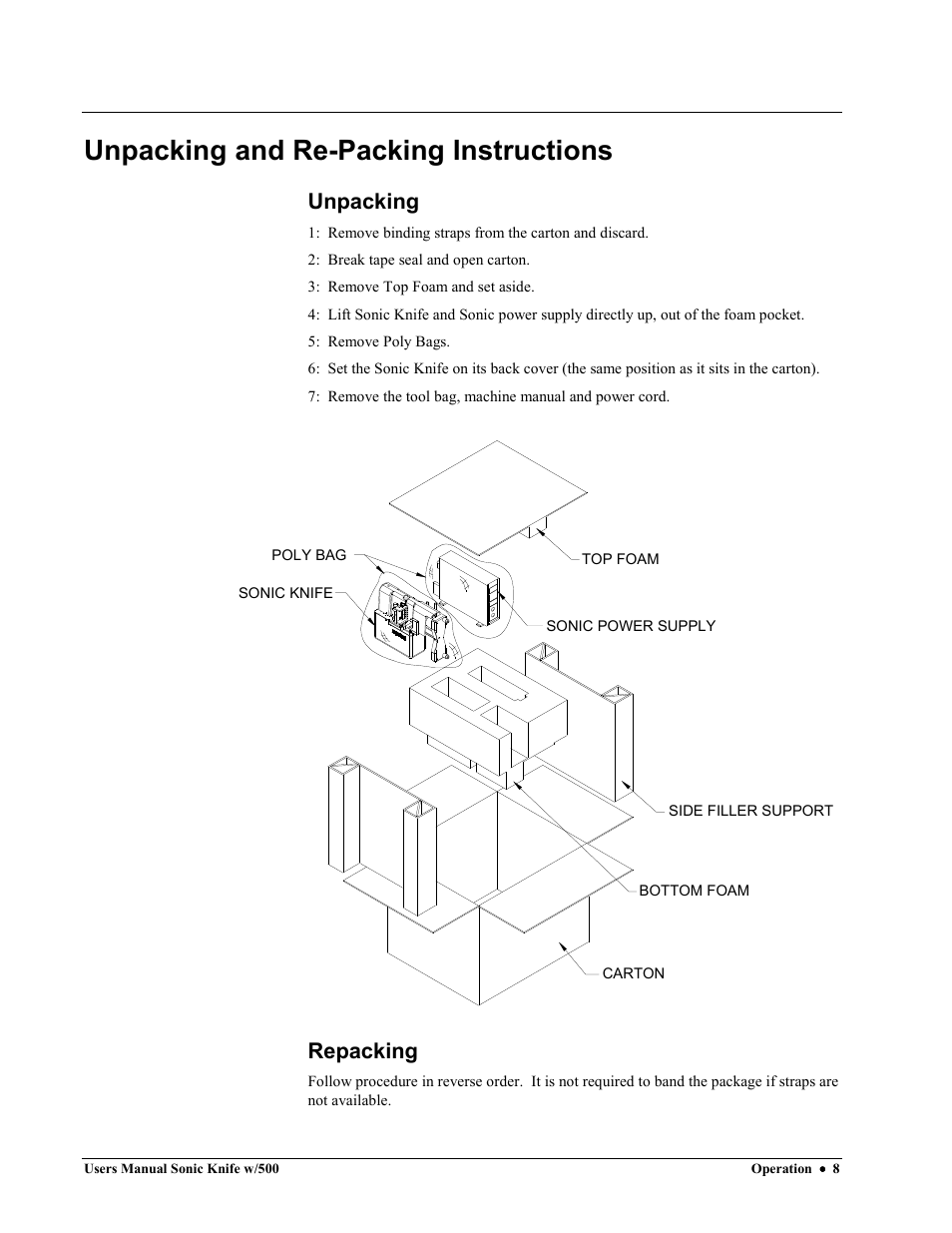 Unpacking and re-packing instructions, Unpacking, Repacking | Avery Dennison SNAP Sonic Knife User Manual | Page 8 / 53