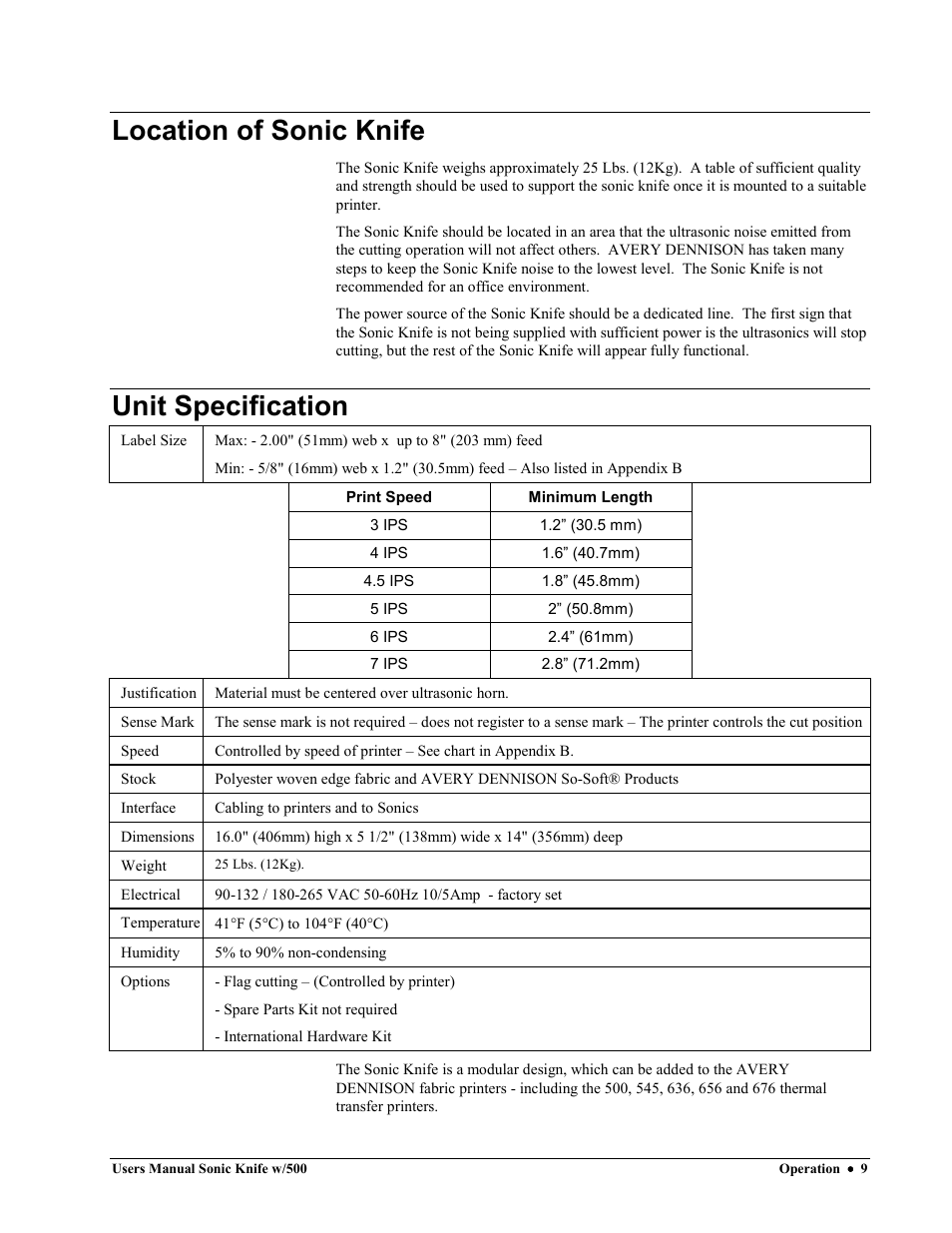 Location of sonic knife, Unit specification | Avery Dennison SNAP Sonic Knife User Manual | Page 9 / 53