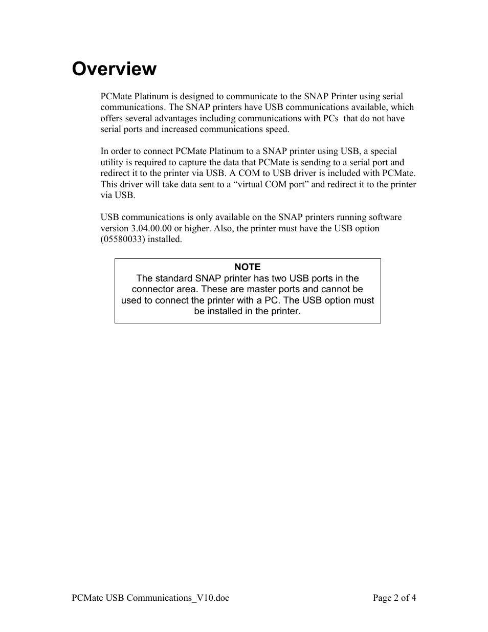 Note, Overview | Avery Dennison SNAP USB Communications User Manual | Page 2 / 4