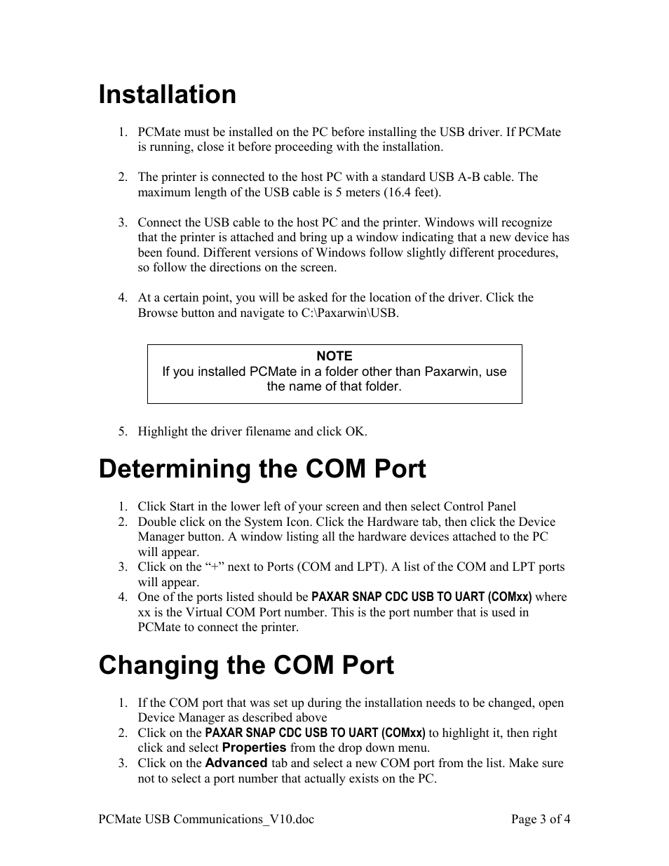 Installation, Determining the com port, Changing the com port | Avery Dennison SNAP USB Communications User Manual | Page 3 / 4