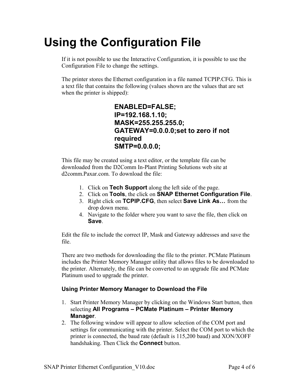 Using the configuration file, Using printer memory manager to download the file | Avery Dennison SNAP Ethernet Configuration User Manual | Page 4 / 6