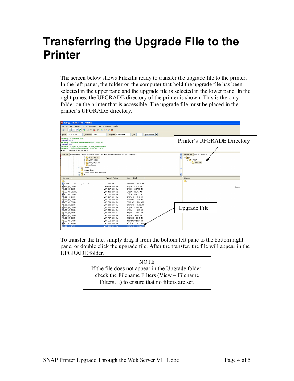 Transferring the upgrade file to the printer | Avery Dennison SNAP Webserver Upgrade User Manual | Page 4 / 5