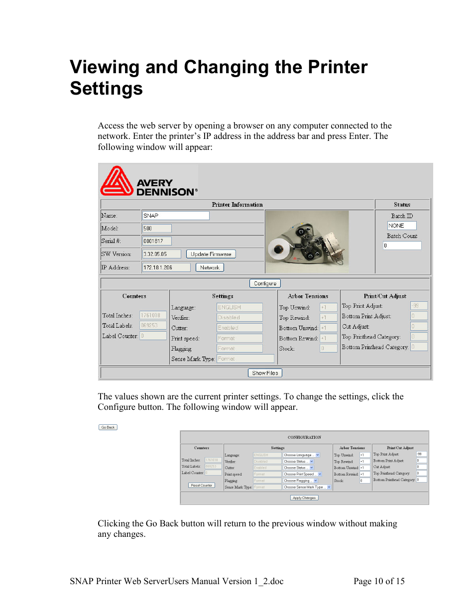 Viewing and changing the printer settings | Avery Dennison SNAP Webserver Manual User Manual | Page 10 / 15