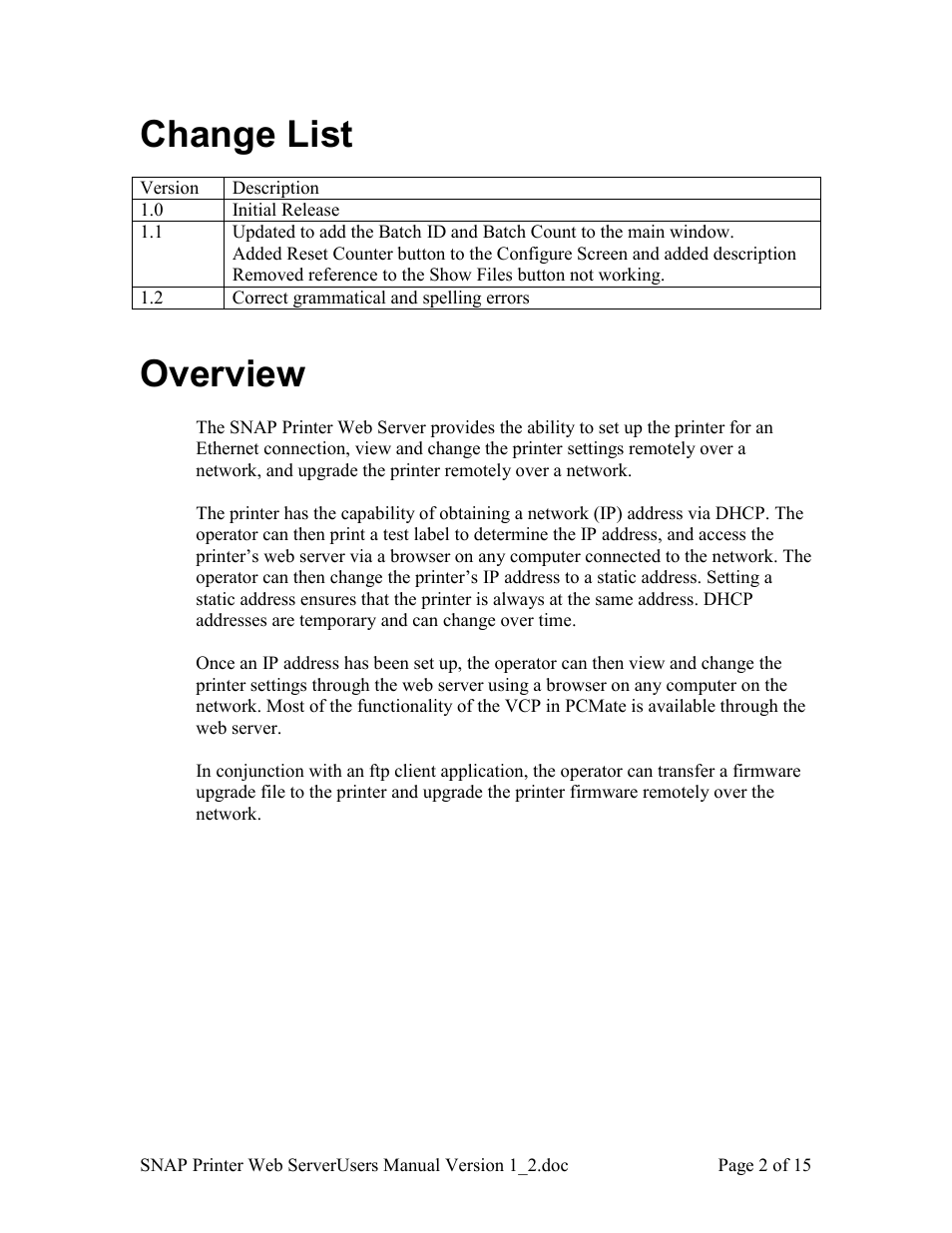 Change list, Overview | Avery Dennison SNAP Webserver Manual User Manual | Page 2 / 15