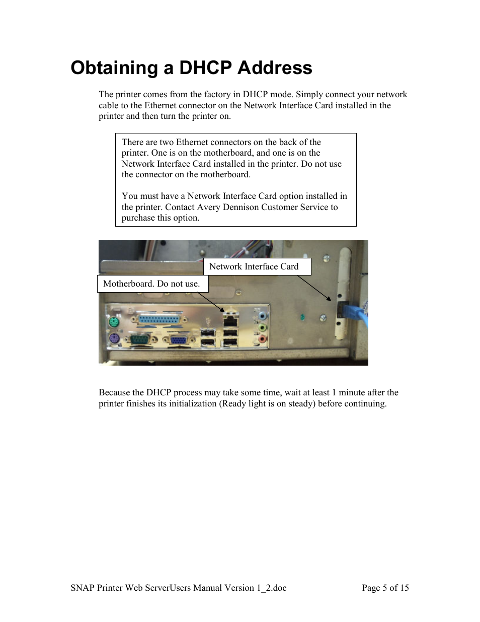 Obtaining a dhcp address | Avery Dennison SNAP Webserver Manual User Manual | Page 5 / 15