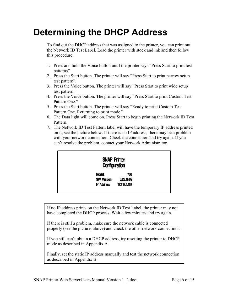 Determining the dhcp address | Avery Dennison SNAP Webserver Manual User Manual | Page 6 / 15