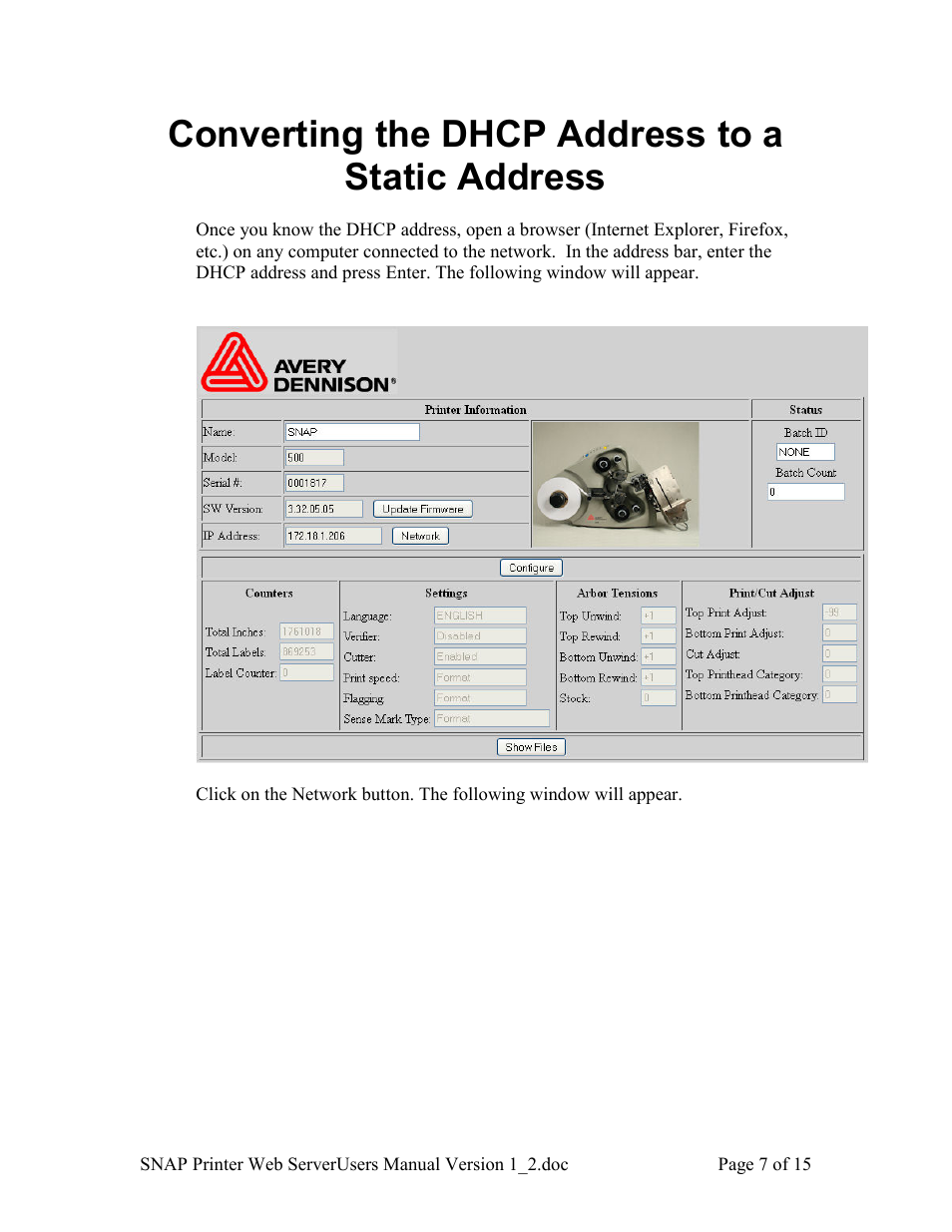 Converting the dhcp address to a static address | Avery Dennison SNAP Webserver Manual User Manual | Page 7 / 15