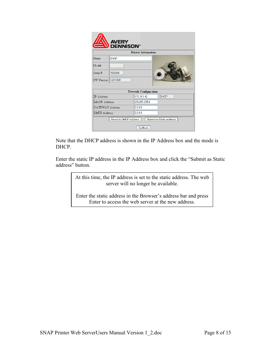 Avery Dennison SNAP Webserver Manual User Manual | Page 8 / 15