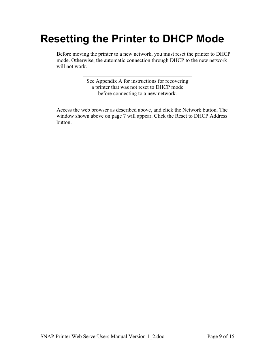 Resetting the printer to dhcp mode | Avery Dennison SNAP Webserver Manual User Manual | Page 9 / 15