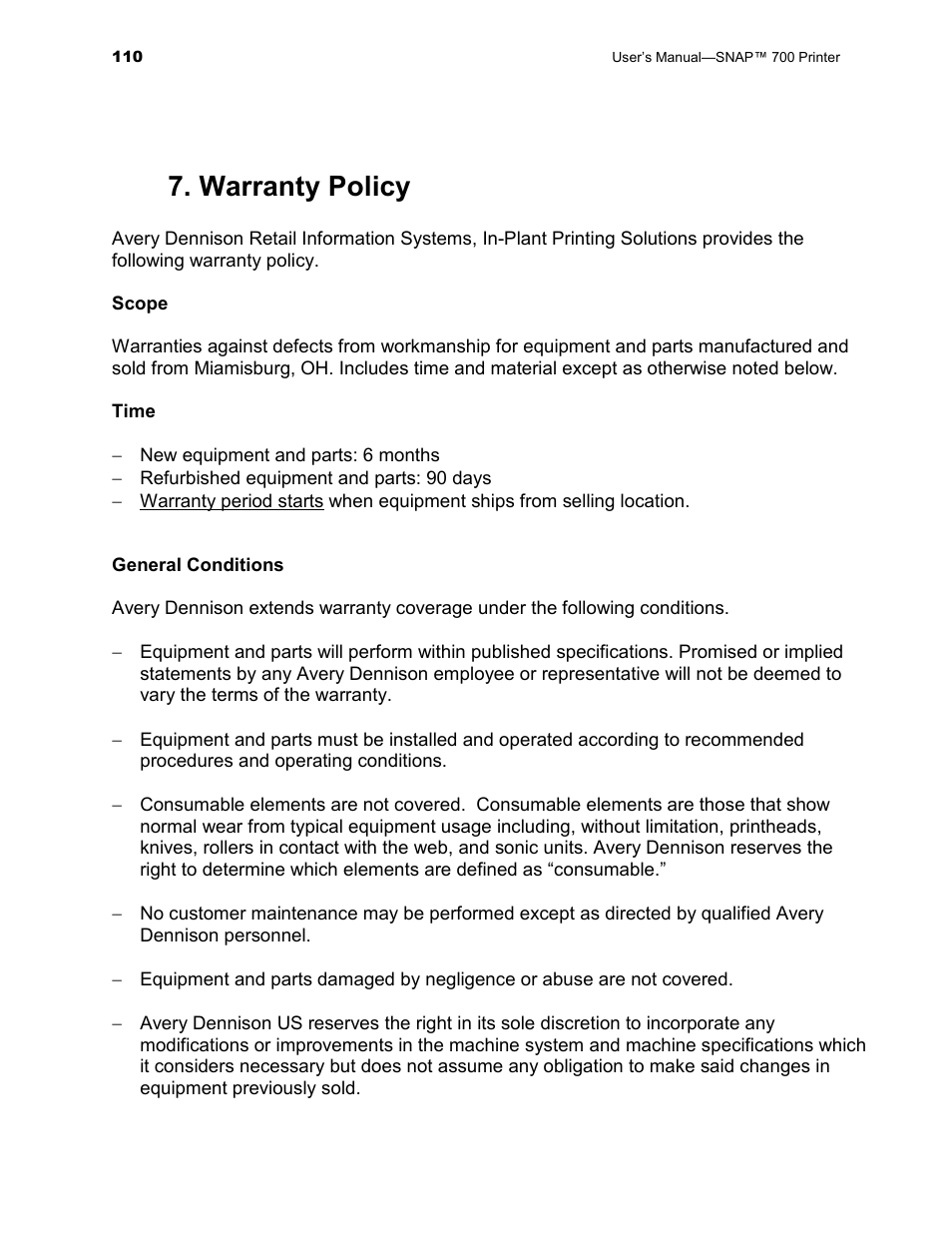 Warranty policy | Avery Dennison SNAP 700 User Manual | Page 110 / 153