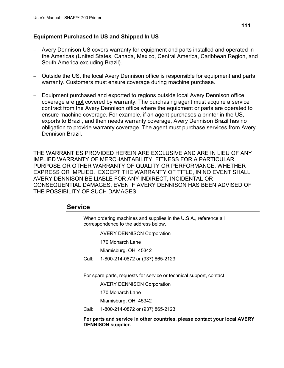 Service | Avery Dennison SNAP 700 User Manual | Page 111 / 153