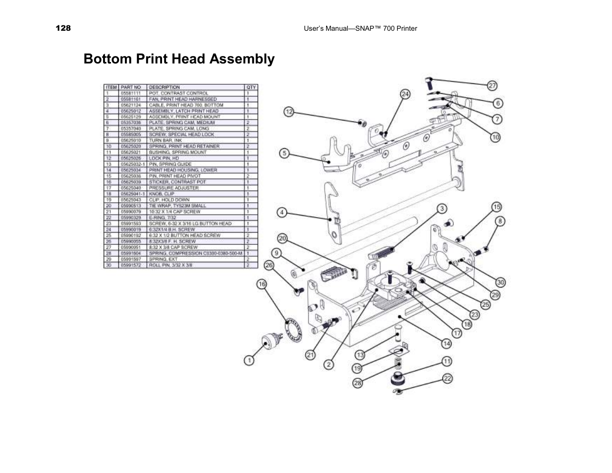 Bottom print head assembly | Avery Dennison SNAP 700 User Manual | Page 128 / 153