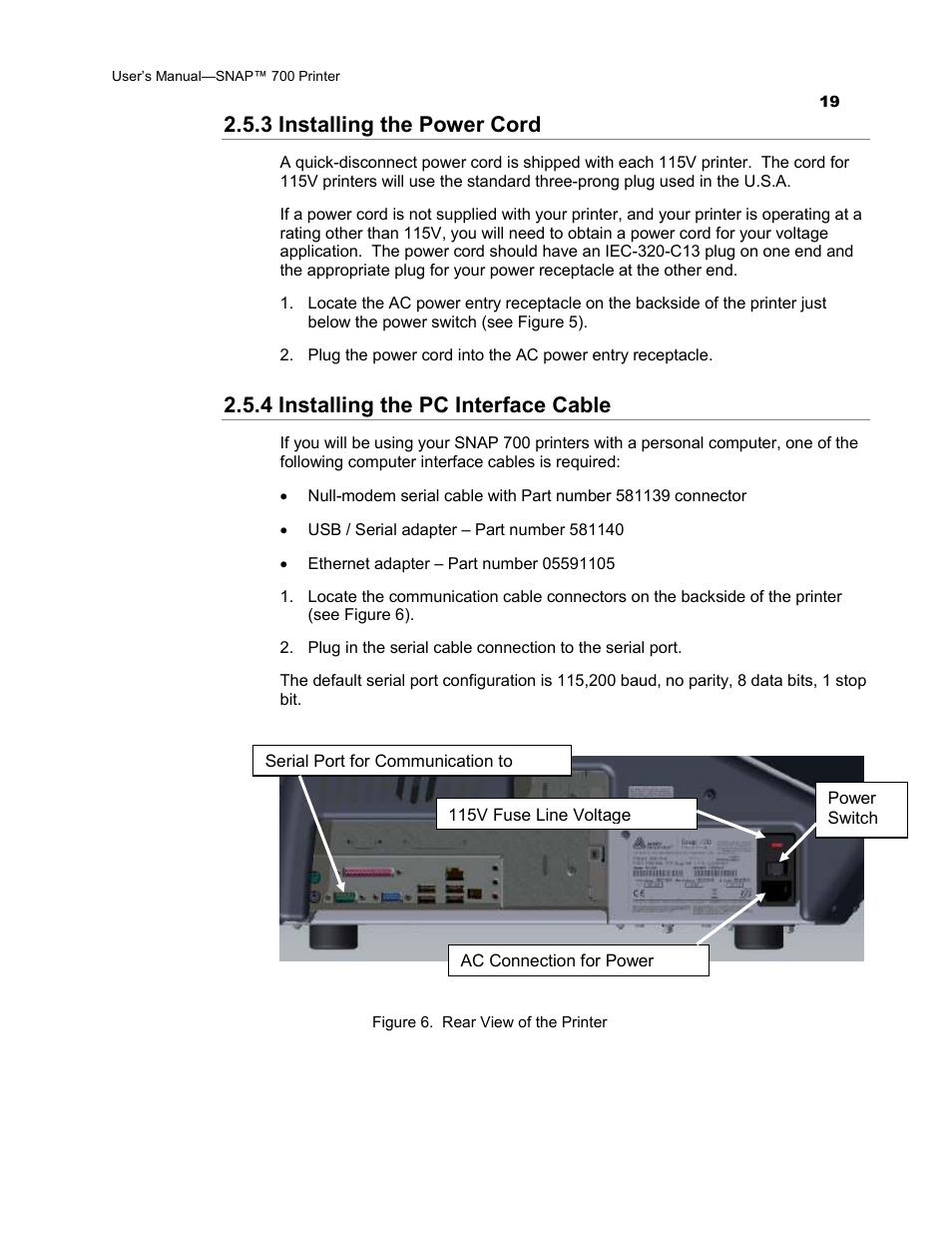 3 installing the power cord, 4 installing the pc interface cable | Avery Dennison SNAP 700 User Manual | Page 19 / 153