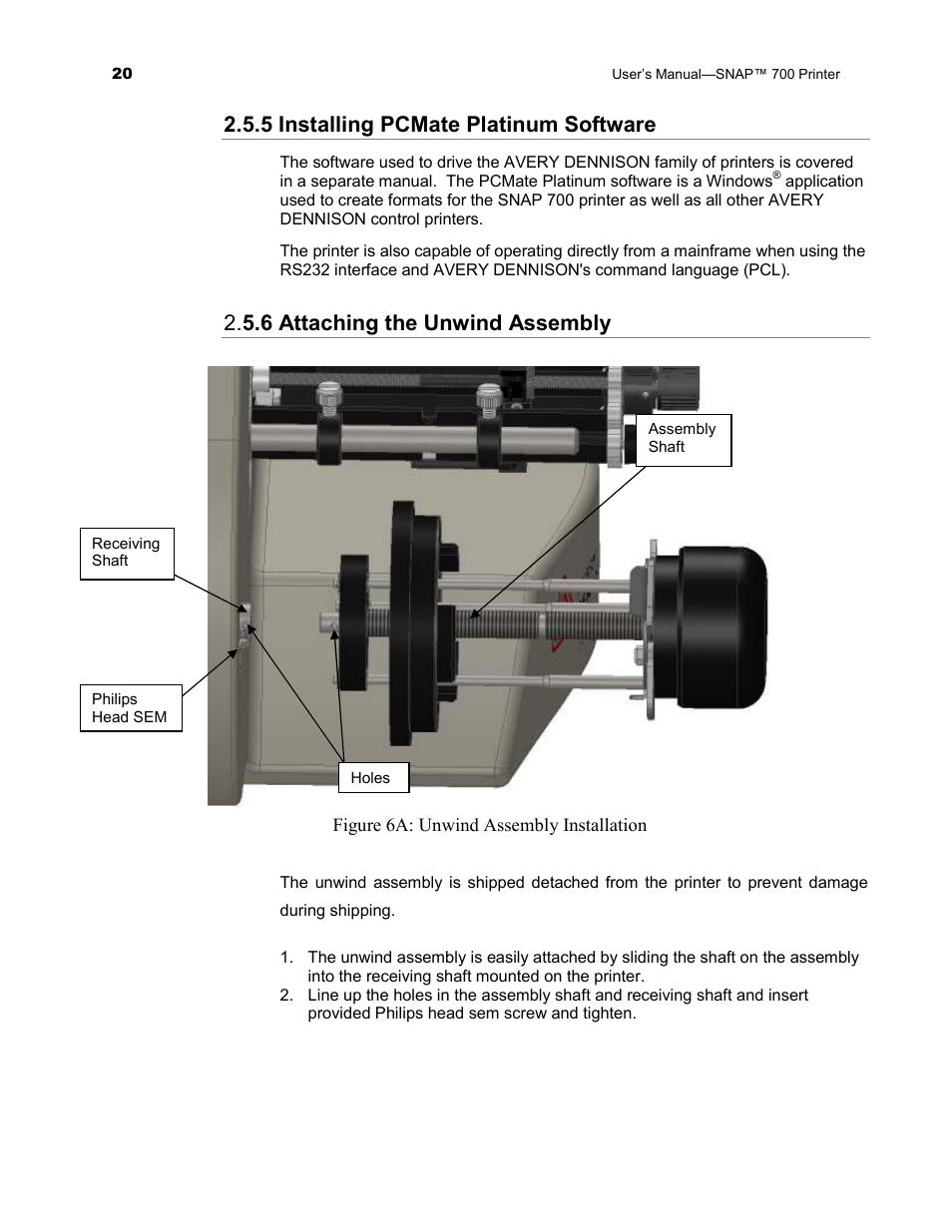 5 installing pcmate platinum software, 5.6 attaching the unwind assembly | Avery Dennison SNAP 700 User Manual | Page 20 / 153