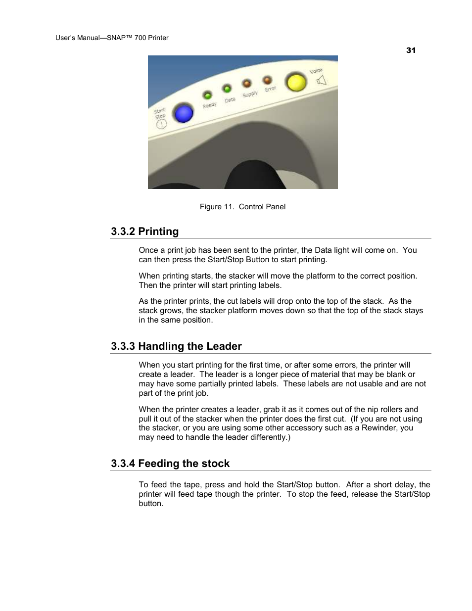 2 printing, 3 handling the leader, 4 feeding the stock | Avery Dennison SNAP 700 User Manual | Page 31 / 153