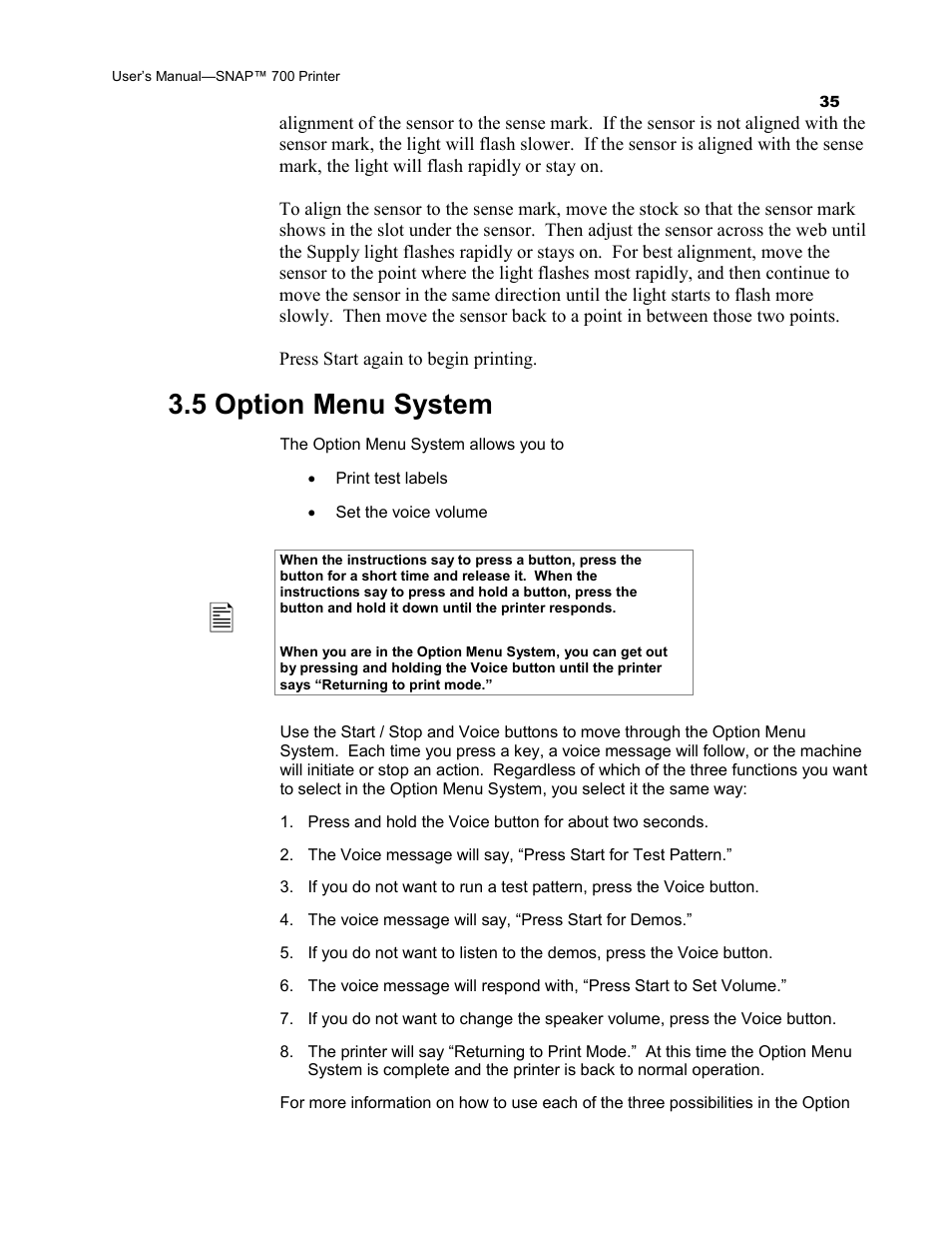 5 option menu system | Avery Dennison SNAP 700 User Manual | Page 35 / 153