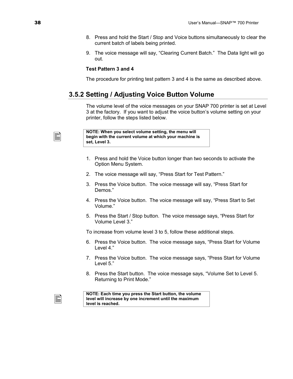 2 setting / adjusting voice button volume | Avery Dennison SNAP 700 User Manual | Page 38 / 153