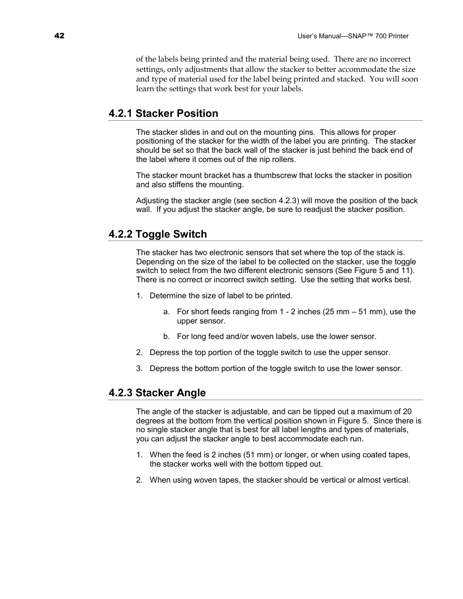 1 stacker position, 2 toggle switch, 3 stacker angle | Avery Dennison SNAP 700 User Manual | Page 42 / 153