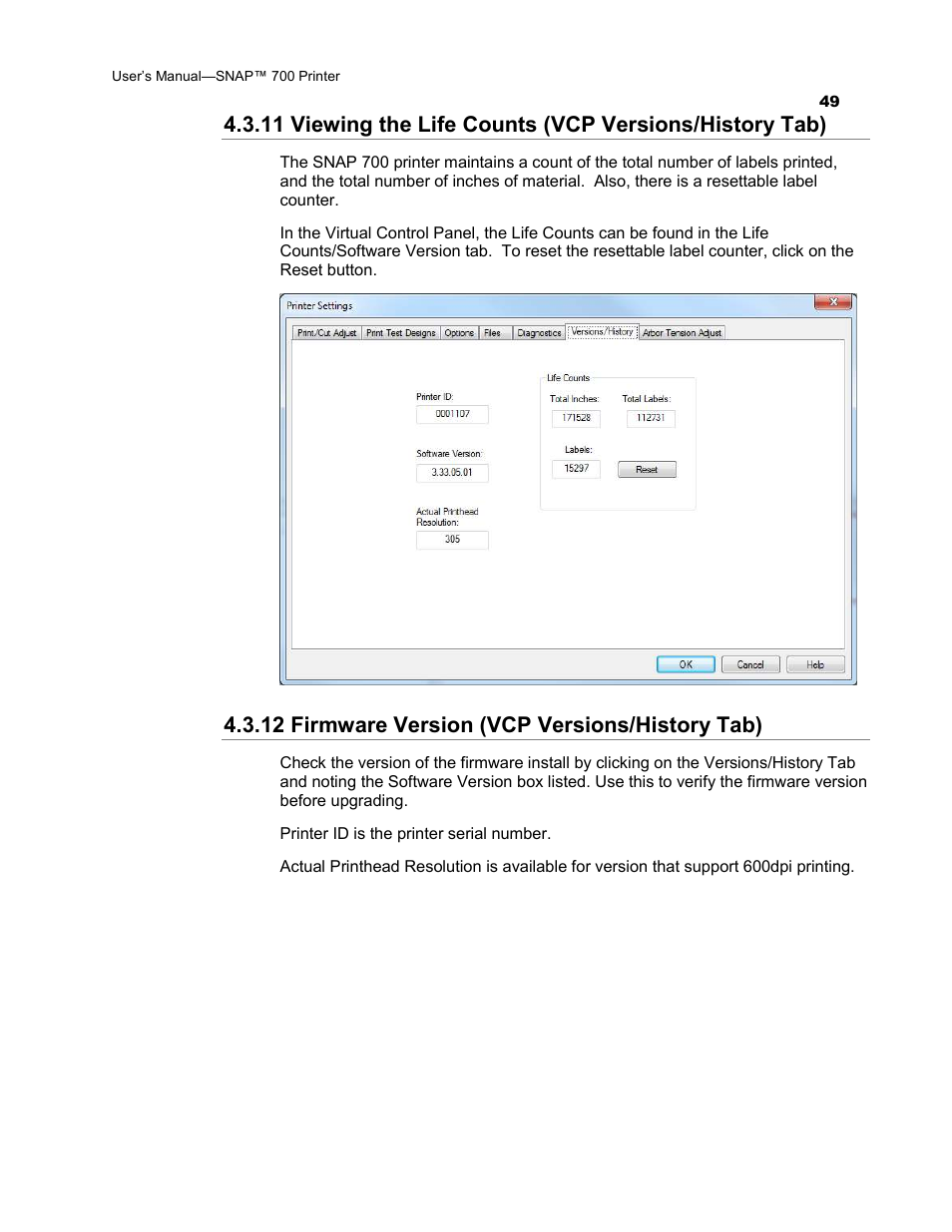 12 firmware version (vcp versions/history tab) | Avery Dennison SNAP 700 User Manual | Page 49 / 153