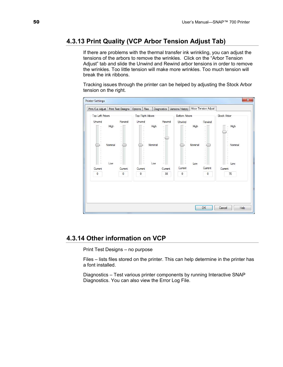 13 print quality (vcp arbor tension adjust tab), 14 other information on vcp | Avery Dennison SNAP 700 User Manual | Page 50 / 153
