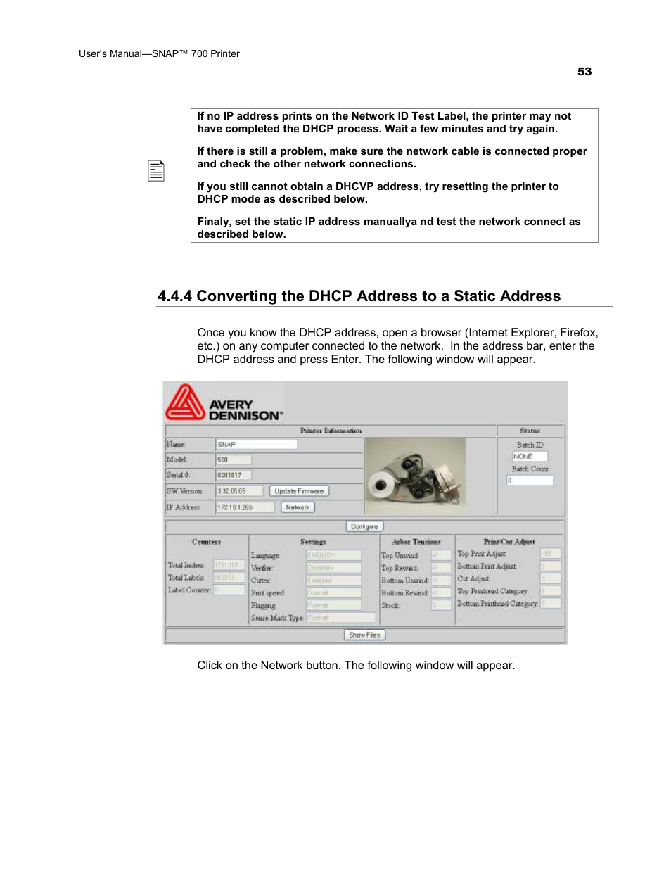 4 converting the dhcp address to a static address | Avery Dennison SNAP 700 User Manual | Page 53 / 153