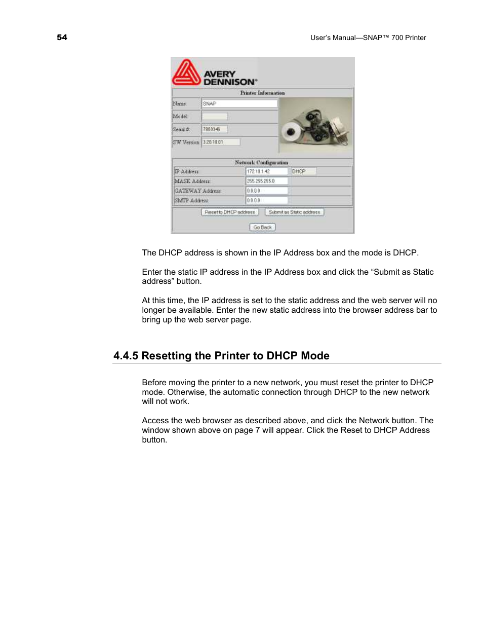 5 resetting the printer to dhcp mode | Avery Dennison SNAP 700 User Manual | Page 54 / 153