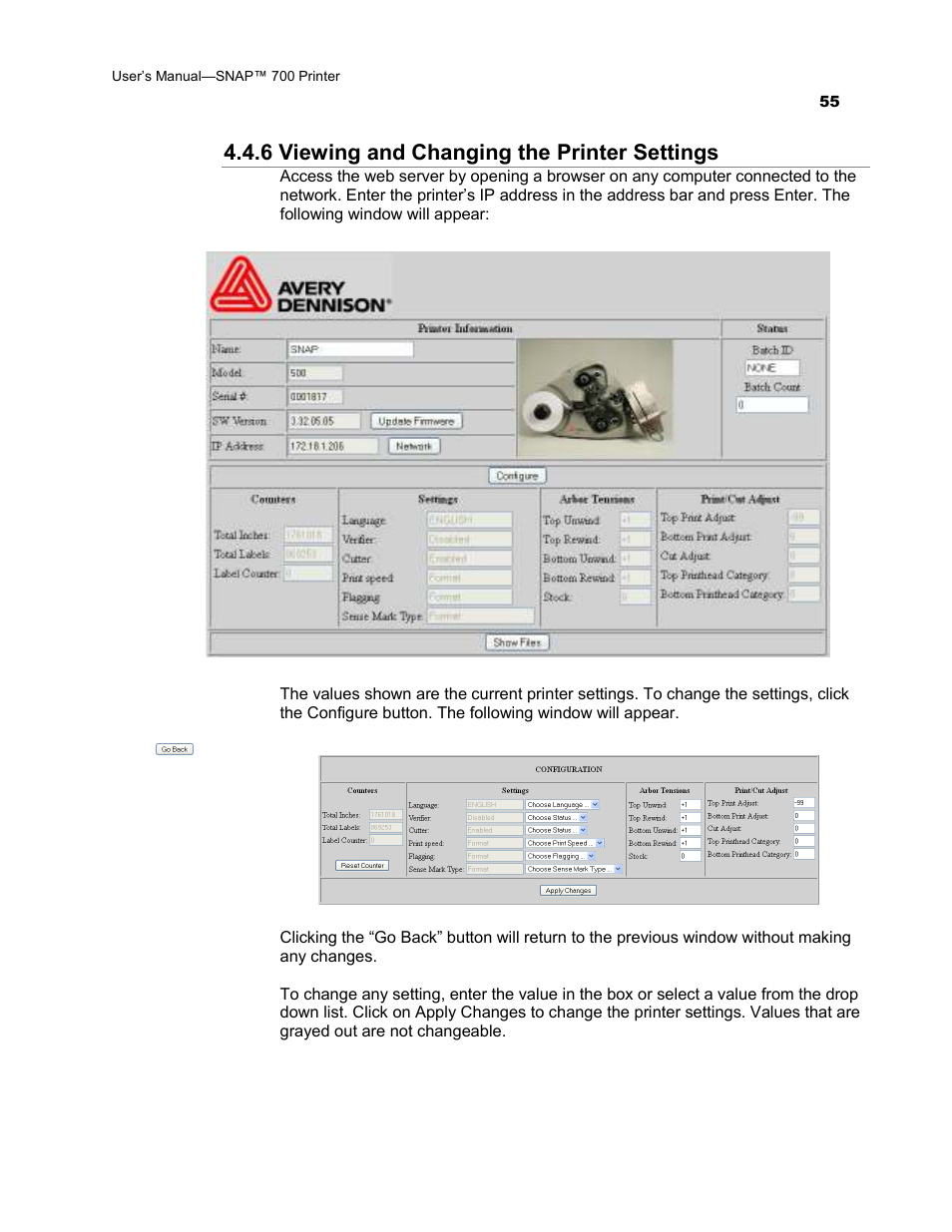 6 viewing and changing the printer settings | Avery Dennison SNAP 700 User Manual | Page 55 / 153