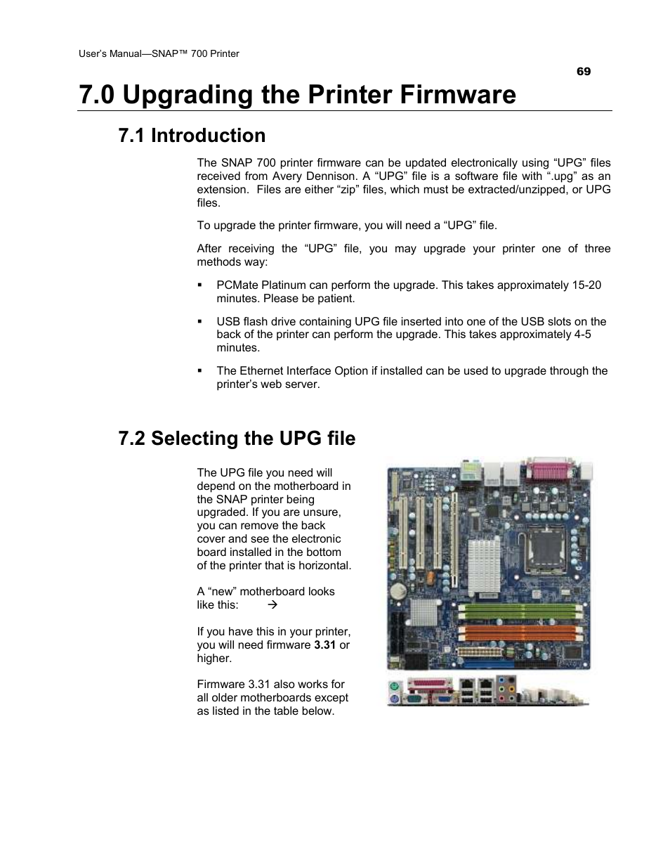 0 upgrading the printer firmware, 1 introduction, 2 selecting the upg file | Avery Dennison SNAP 700 User Manual | Page 69 / 153