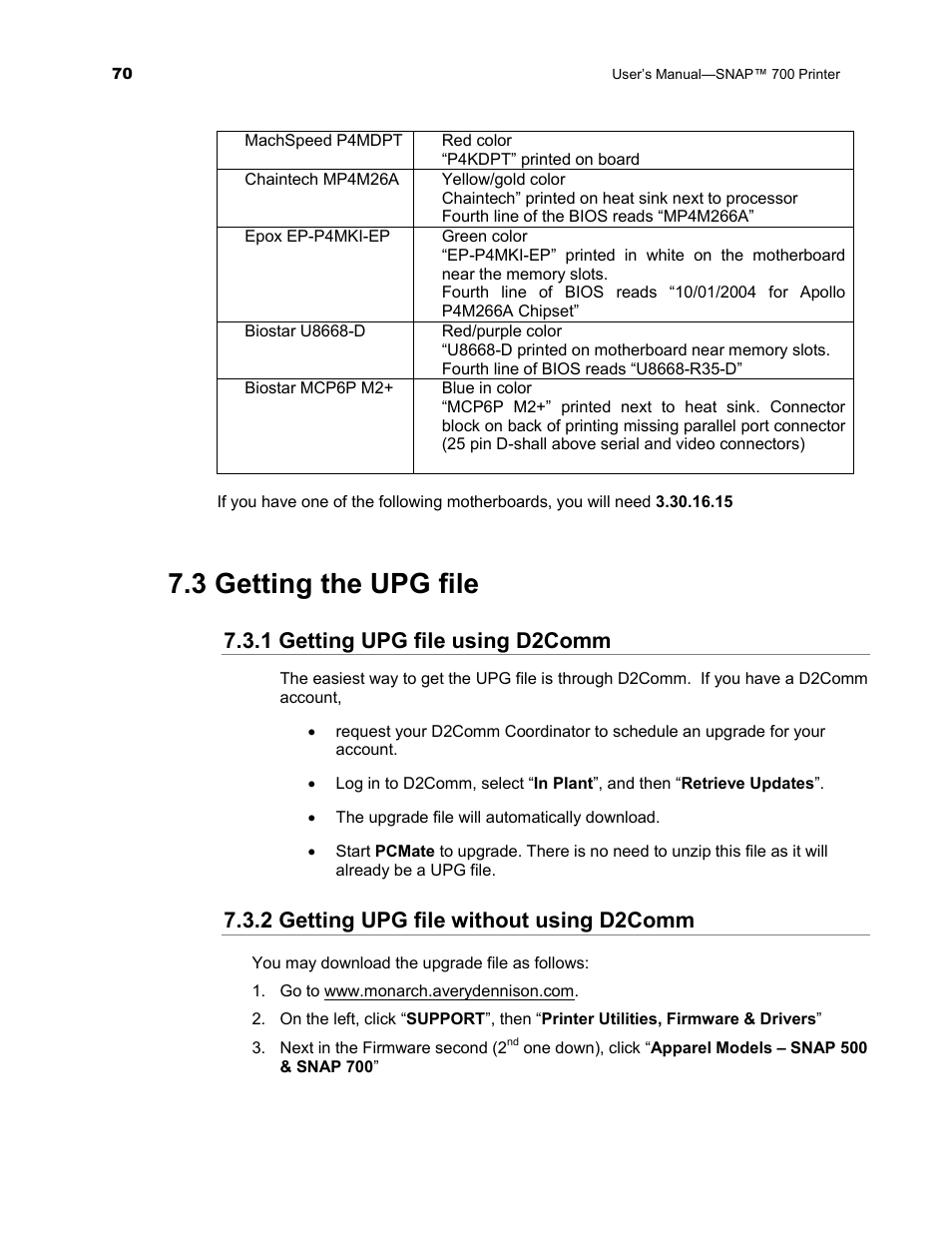 3 getting the upg file, 1 getting upg file using d2comm, 2 getting upg file without using d2comm | Avery Dennison SNAP 700 User Manual | Page 70 / 153