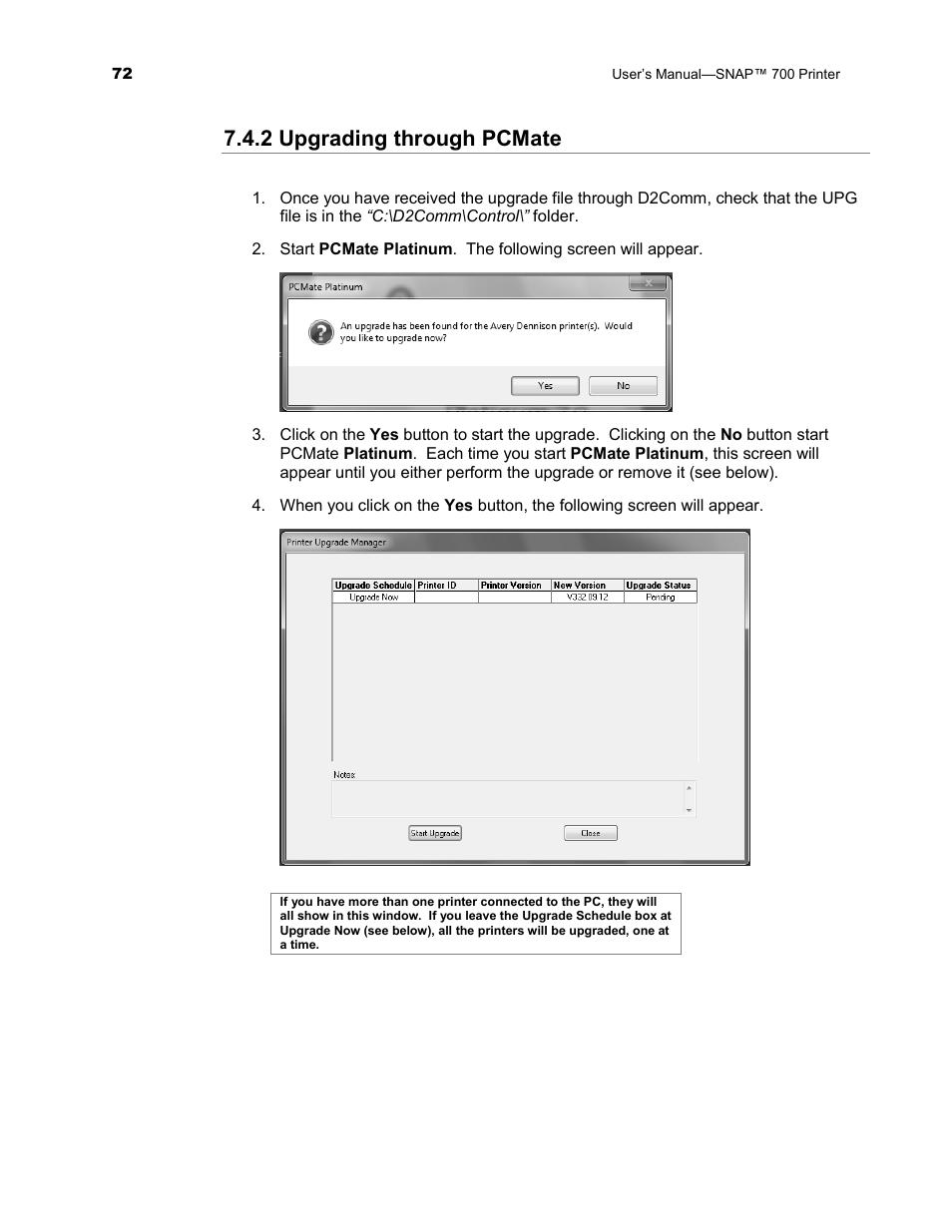 2 upgrading through pcmate | Avery Dennison SNAP 700 User Manual | Page 72 / 153