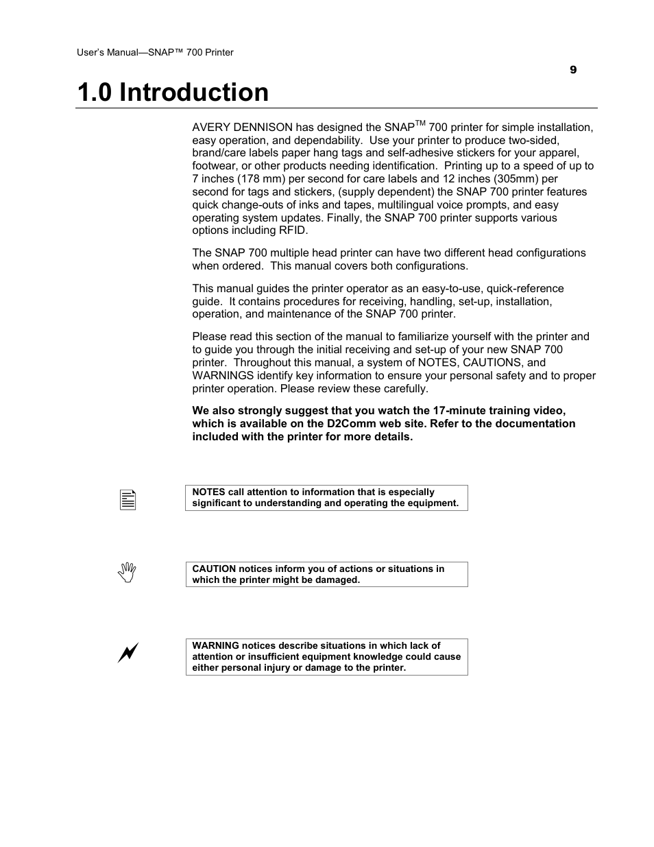 0 introduction | Avery Dennison SNAP 700 User Manual | Page 9 / 153