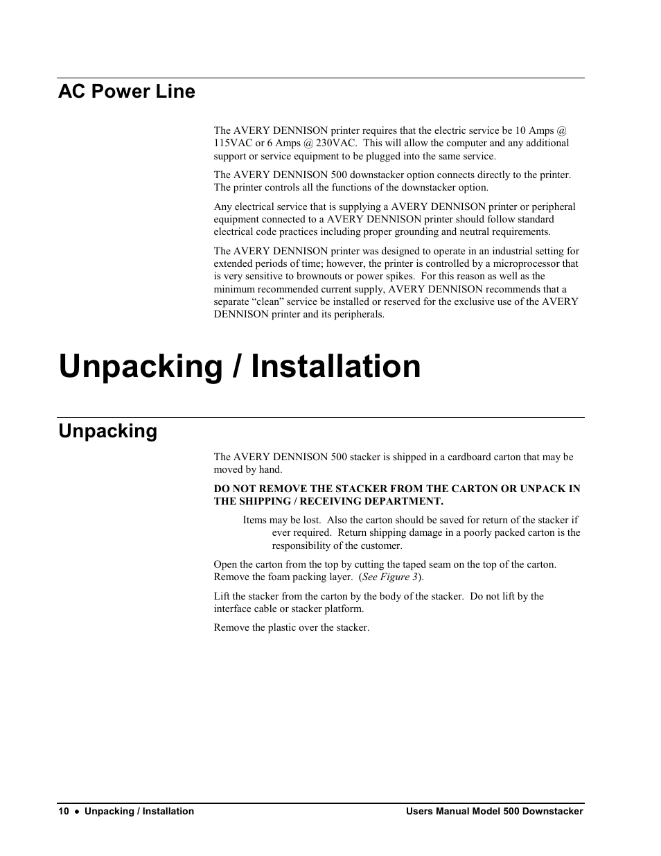 Unpacking / installation, Ac power line, Unpacking | Avery Dennison SNAP 700 Stacker User Manual | Page 10 / 26