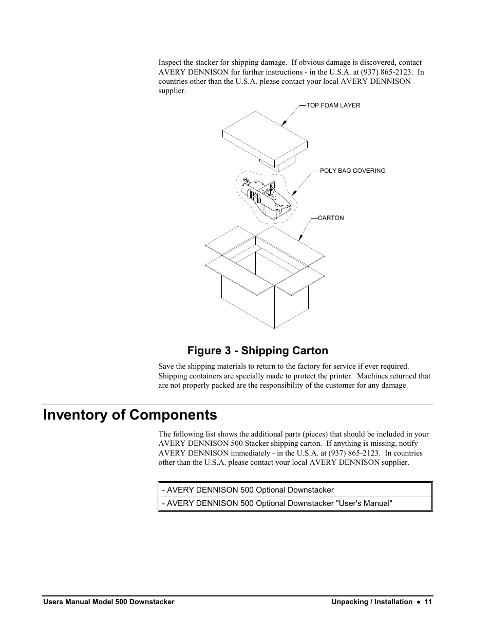 Inventory of components, Figure 3 - shipping carton | Avery Dennison SNAP 700 Stacker User Manual | Page 11 / 26