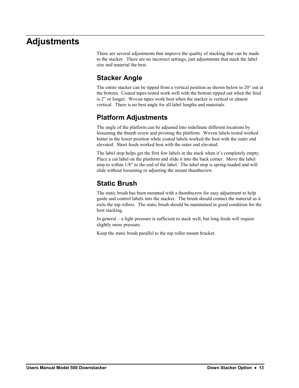 Adjustments, Stacker angle, Platform adjustments | Static brush | Avery Dennison SNAP 700 Stacker User Manual | Page 13 / 26