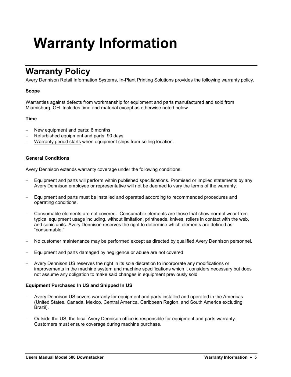 Warranty information, Warranty policy | Avery Dennison SNAP 700 Stacker User Manual | Page 5 / 26