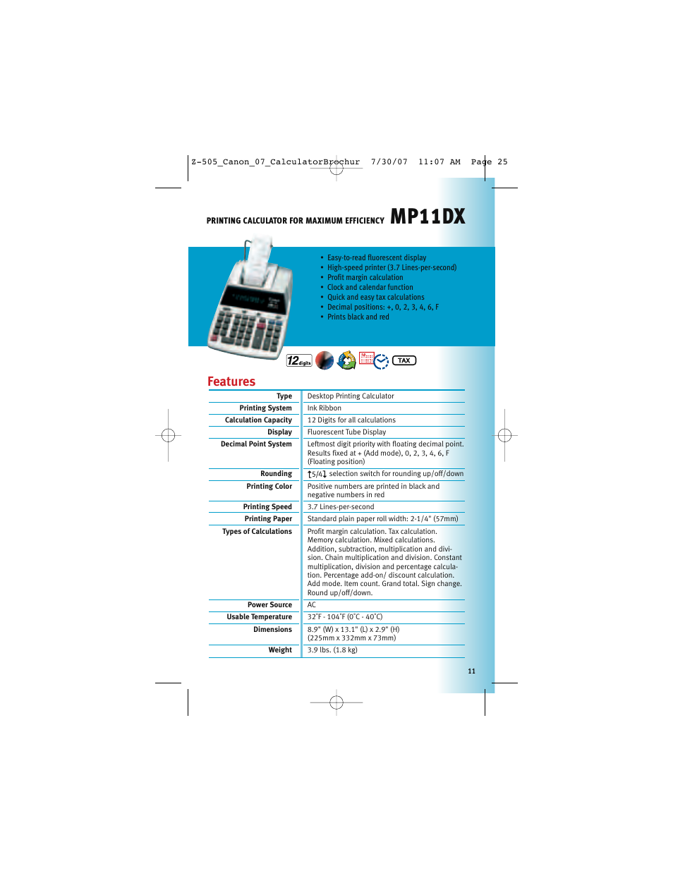 Mp11dx, Features | Canon Z-505 User Manual | Page 10 / 66