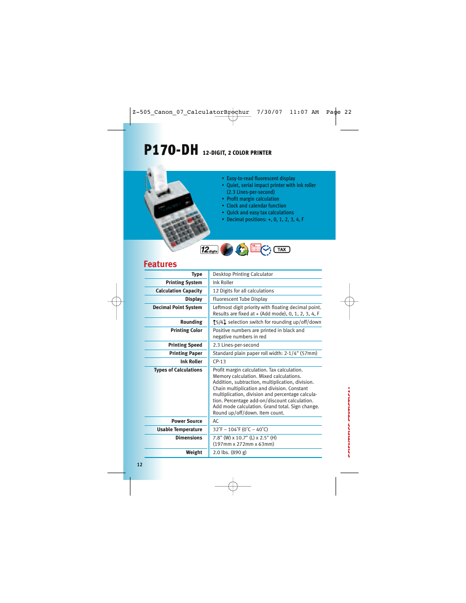 P170-dh, Features, Sc ien tific s s ta ti s tical | Canon Z-505 User Manual | Page 11 / 66