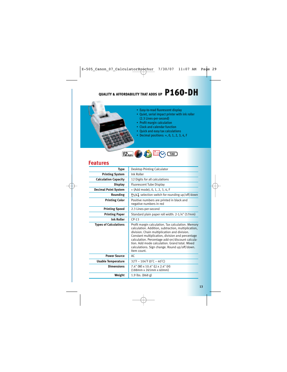 P160-dh, Features | Canon Z-505 User Manual | Page 12 / 66