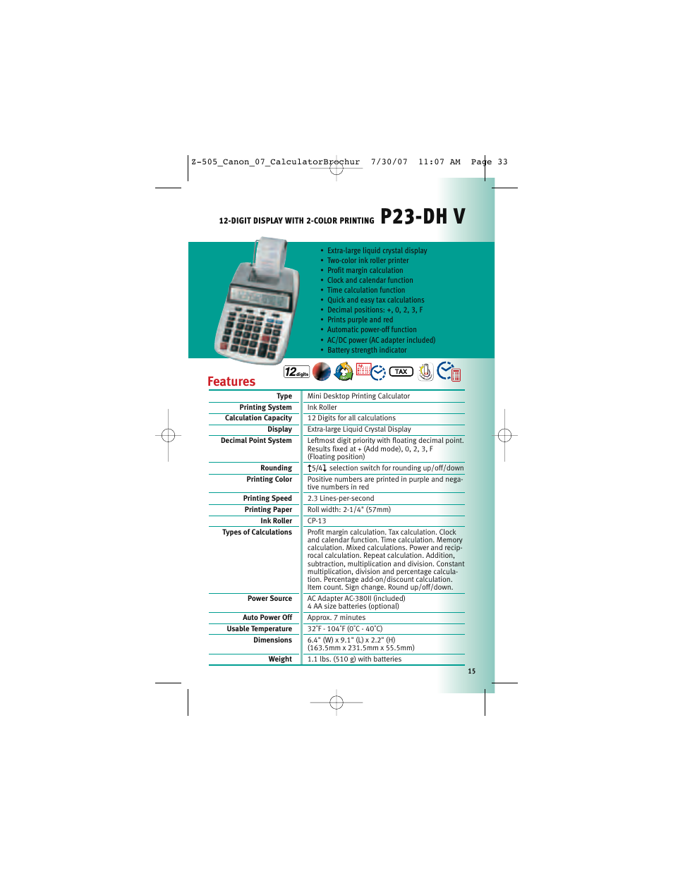 P23-dh v, Features | Canon Z-505 User Manual | Page 14 / 66