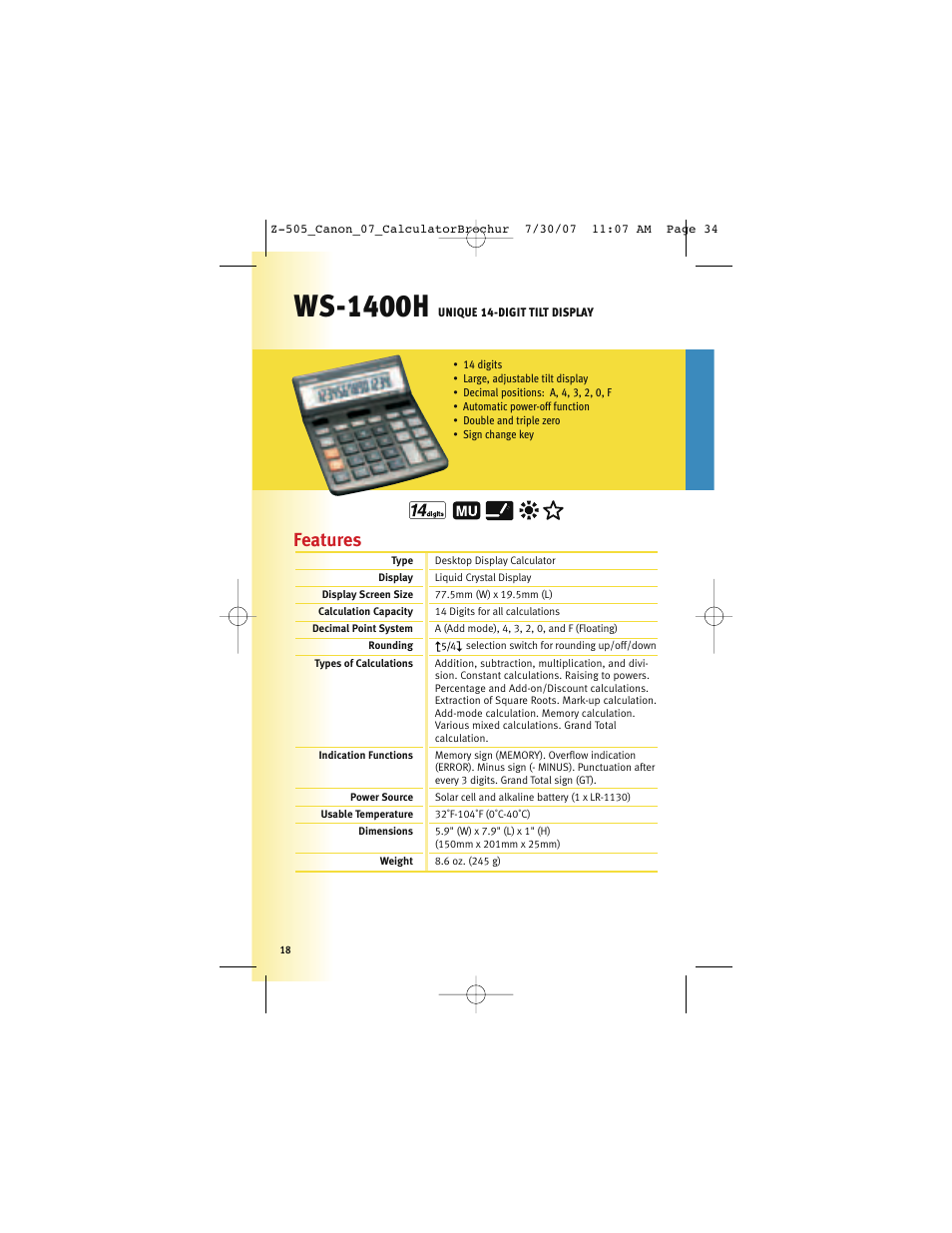 Ws-1400h, Features | Canon Z-505 User Manual | Page 17 / 66