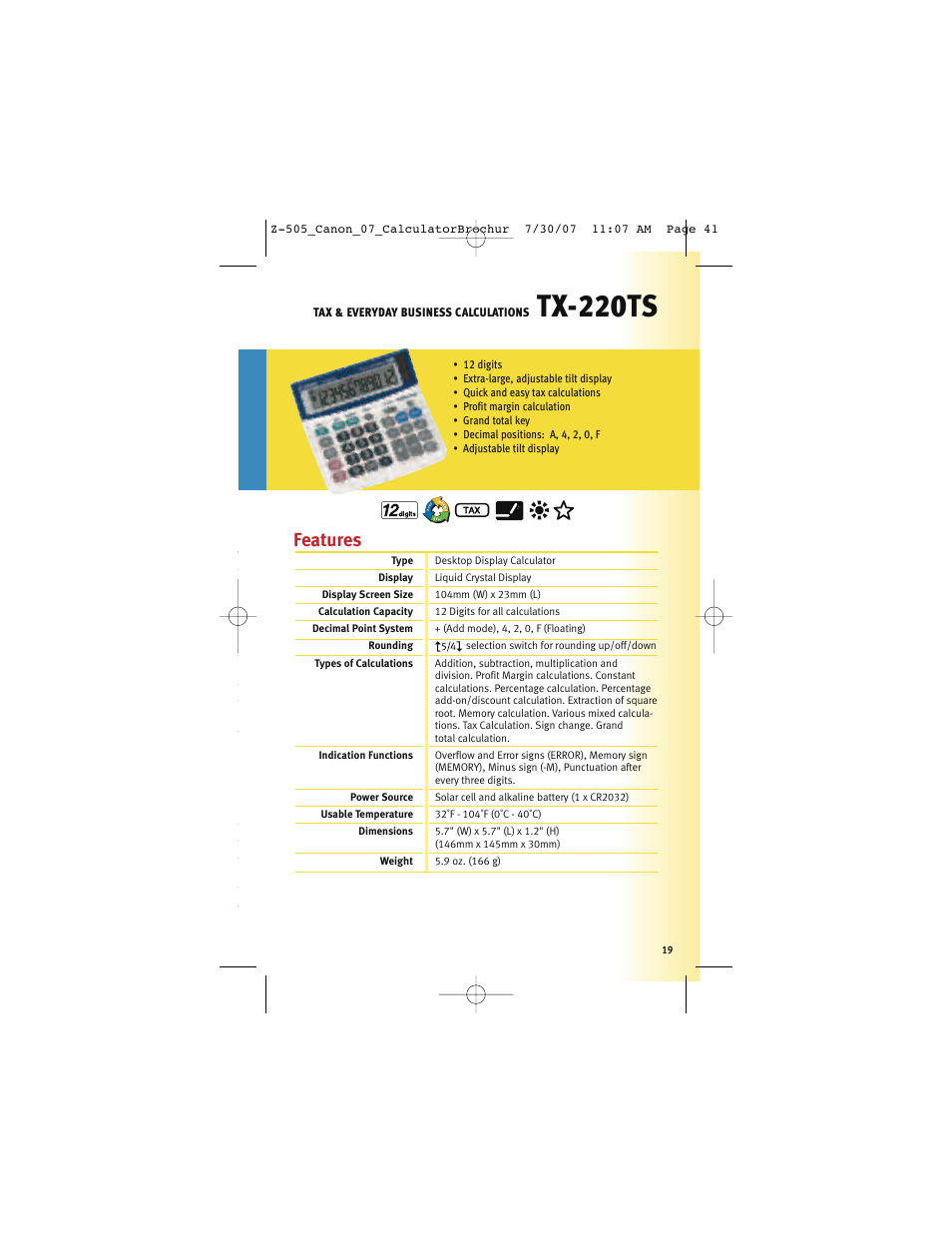 Tx-220ts, Features | Canon Z-505 User Manual | Page 18 / 66