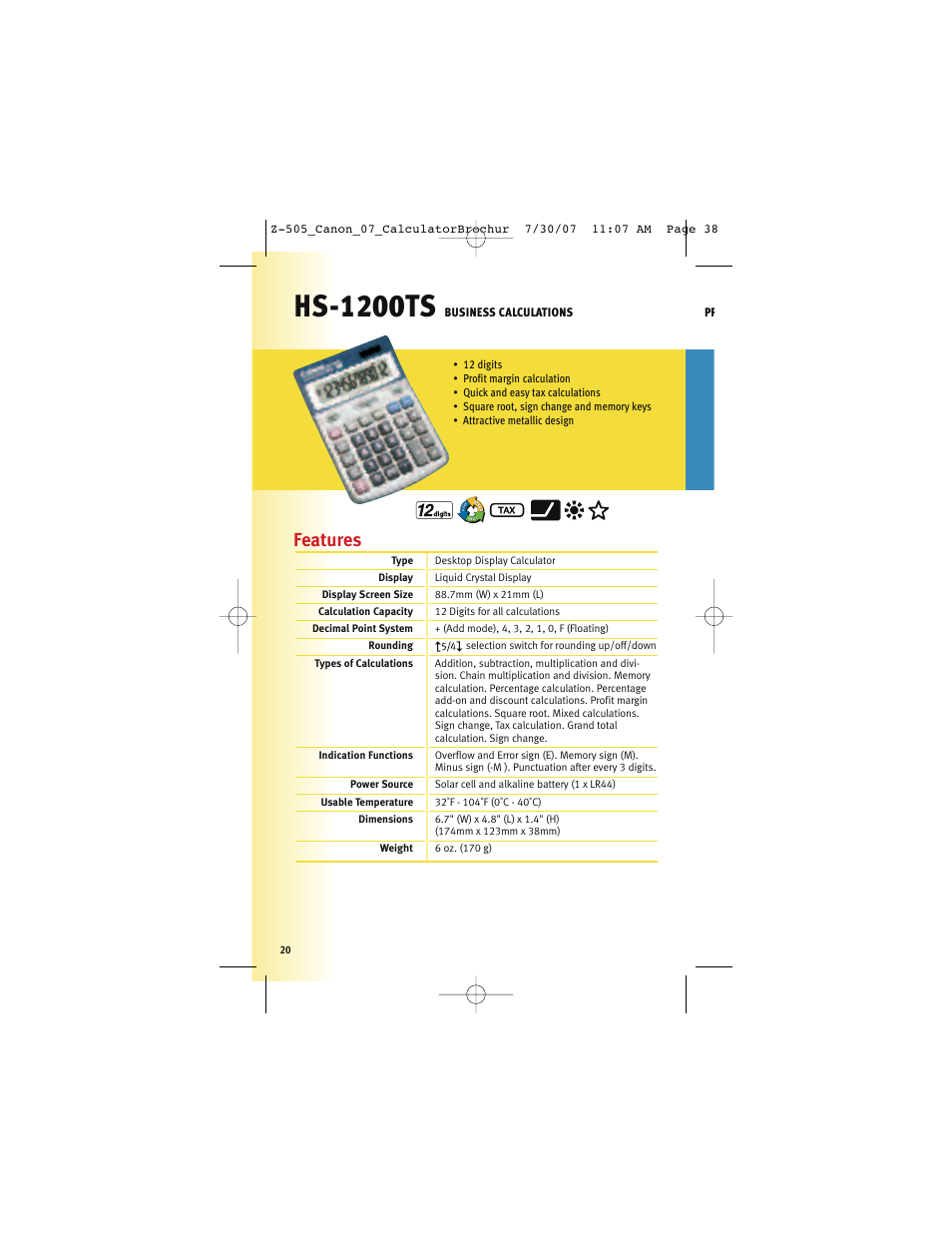 Hs-1200ts, Features | Canon Z-505 User Manual | Page 19 / 66