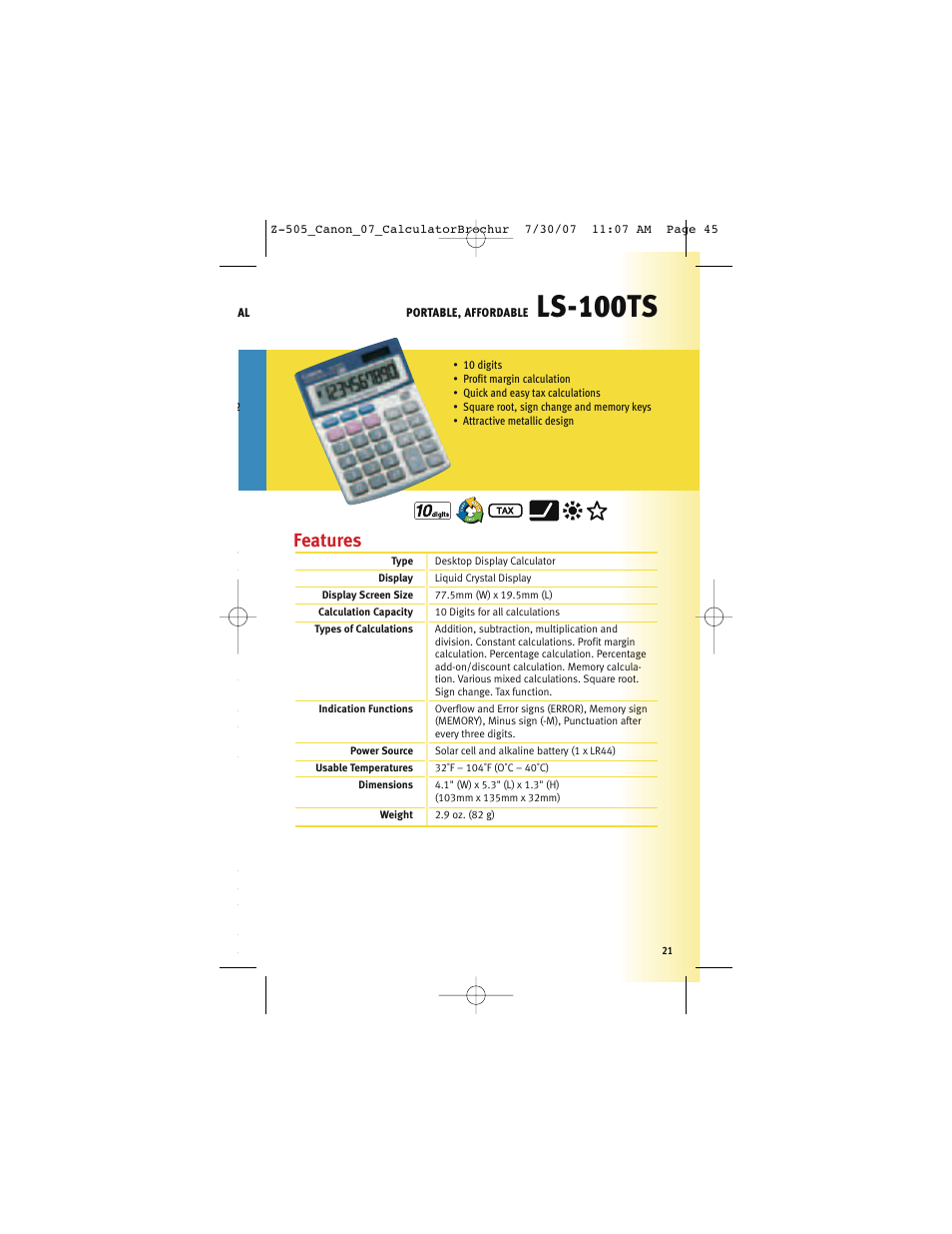 Ls-100ts, Features | Canon Z-505 User Manual | Page 20 / 66