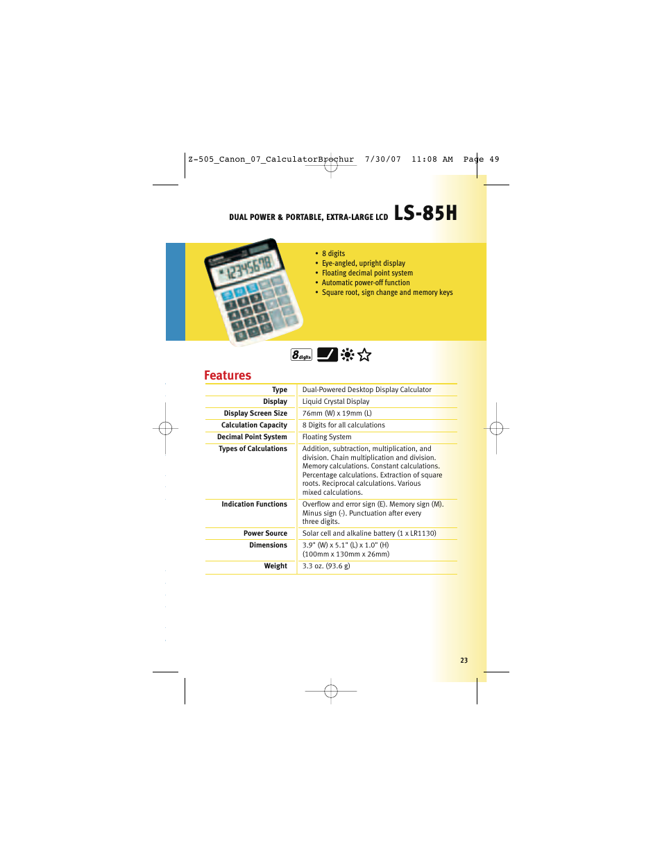 Ls-85h, Features | Canon Z-505 User Manual | Page 22 / 66