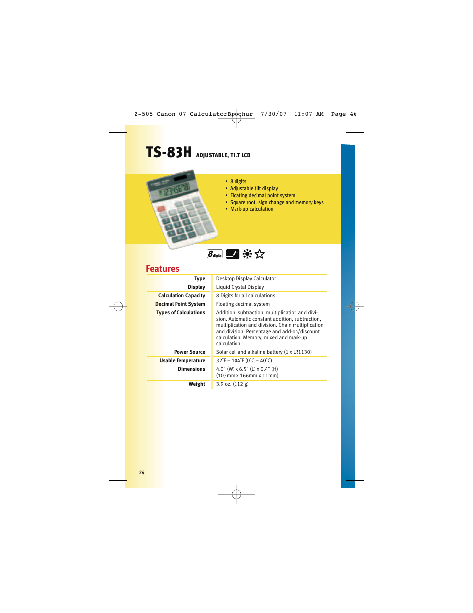 Ts-83h, Features | Canon Z-505 User Manual | Page 23 / 66