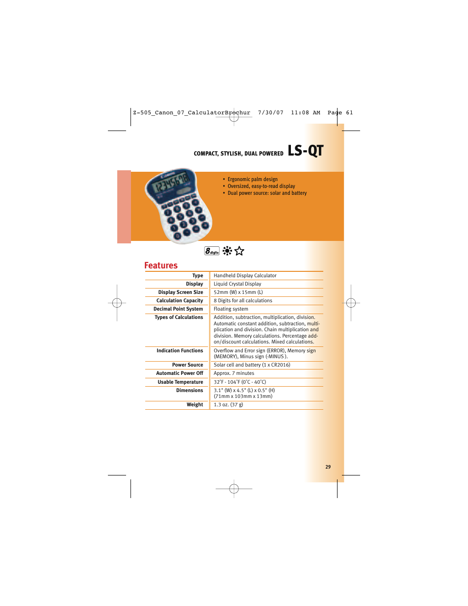 Ls-qt, Features | Canon Z-505 User Manual | Page 28 / 66