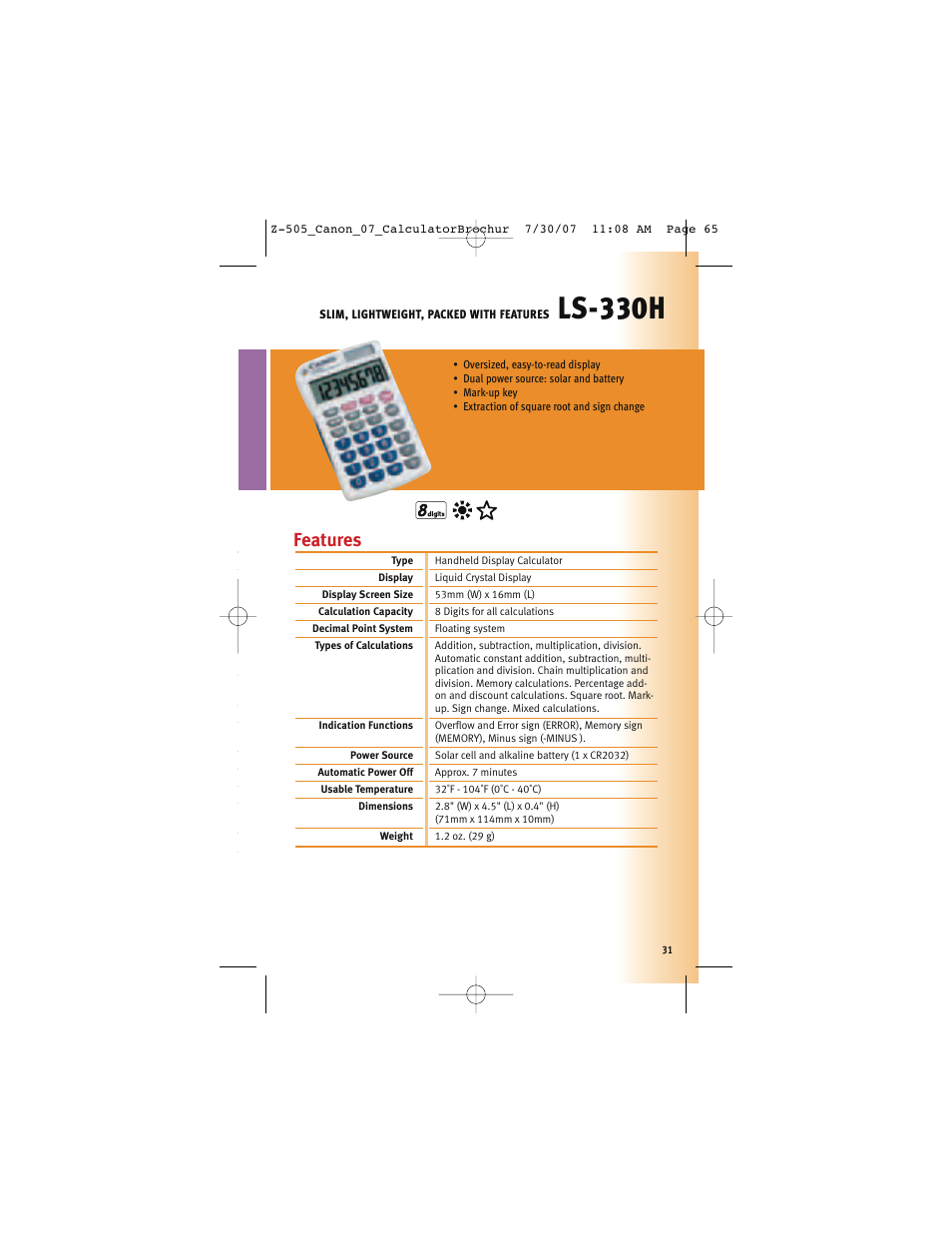 Ls-330h, Features | Canon Z-505 User Manual | Page 30 / 66