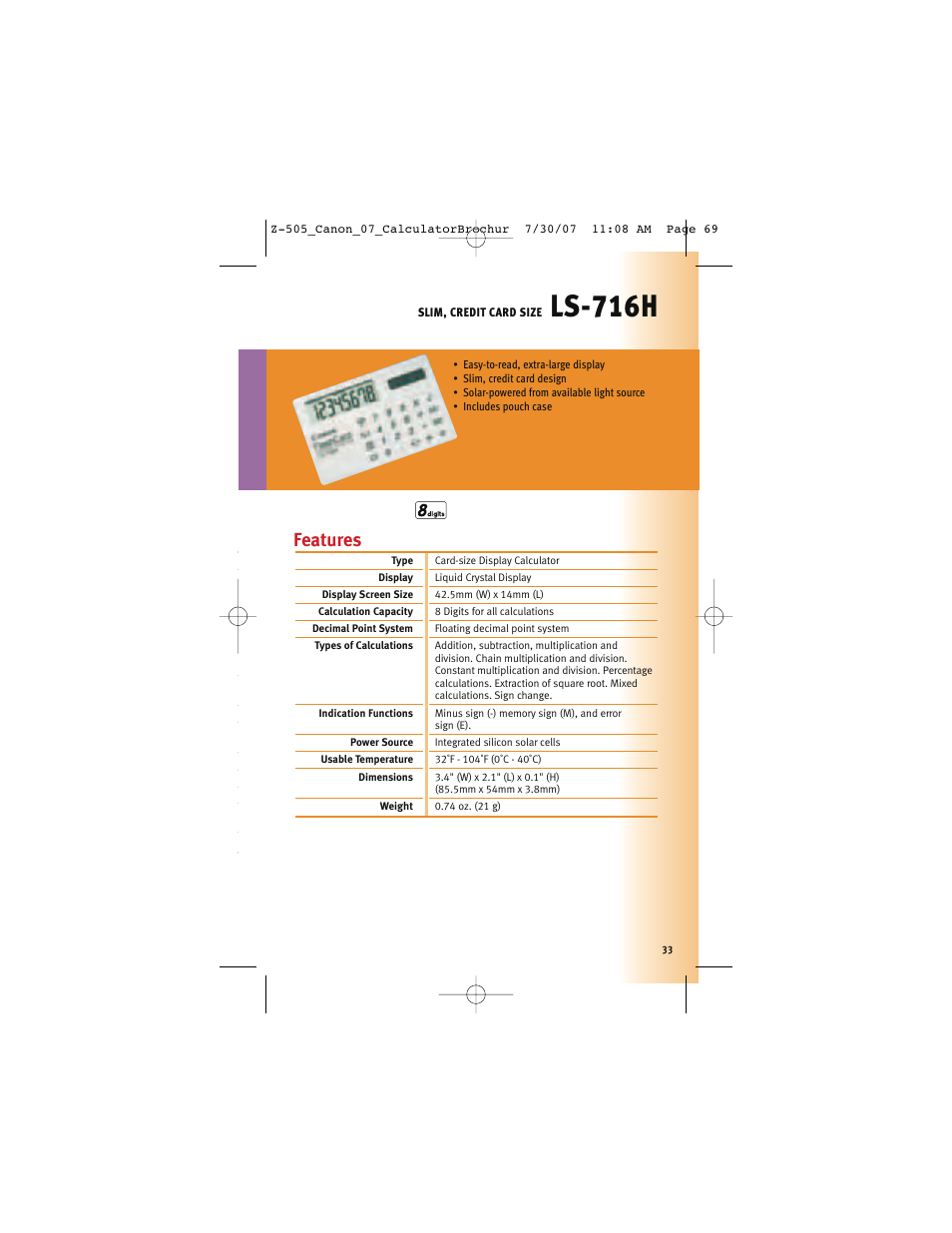 Ls-716h, Features | Canon Z-505 User Manual | Page 32 / 66