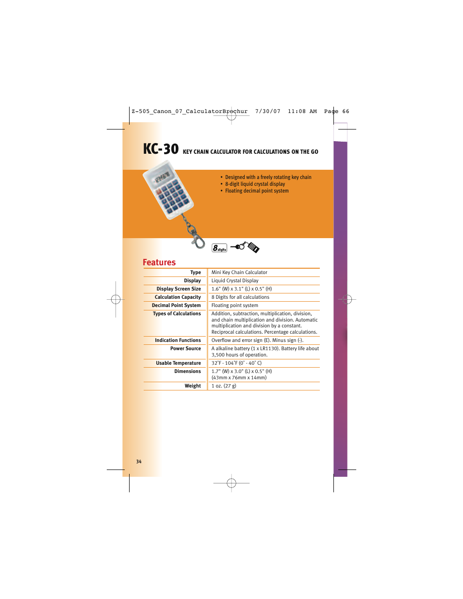 Kc-30, Features | Canon Z-505 User Manual | Page 33 / 66